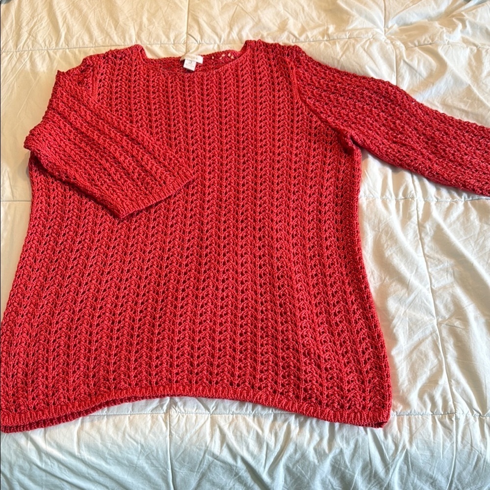 Chico's Vibrant Coral Crew Neck crocheted Sweater.